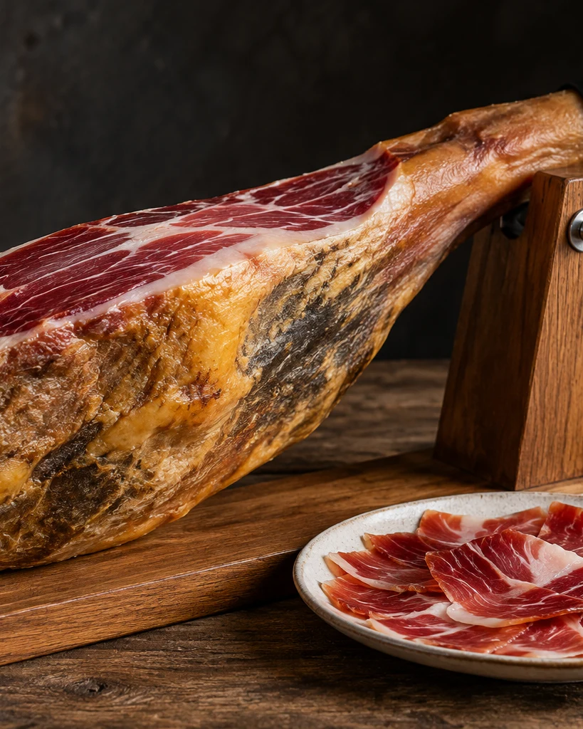Iberian ham with a black seal and a plate of thin slices
