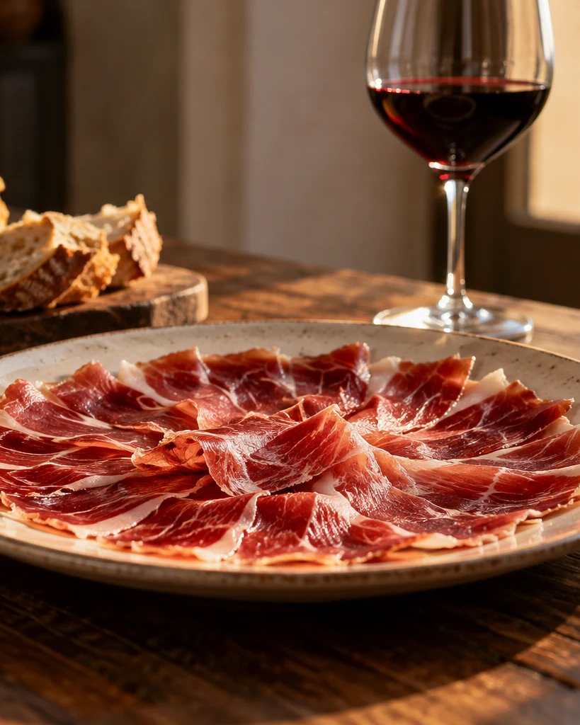 Prosciutto iberico affettato con pane e un calice di vino rosso