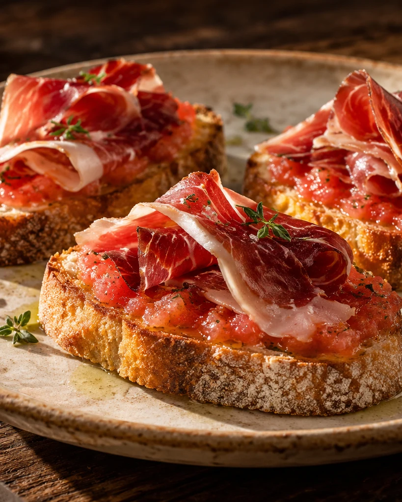 Crostini with tomato and thin slices of Iberian ham