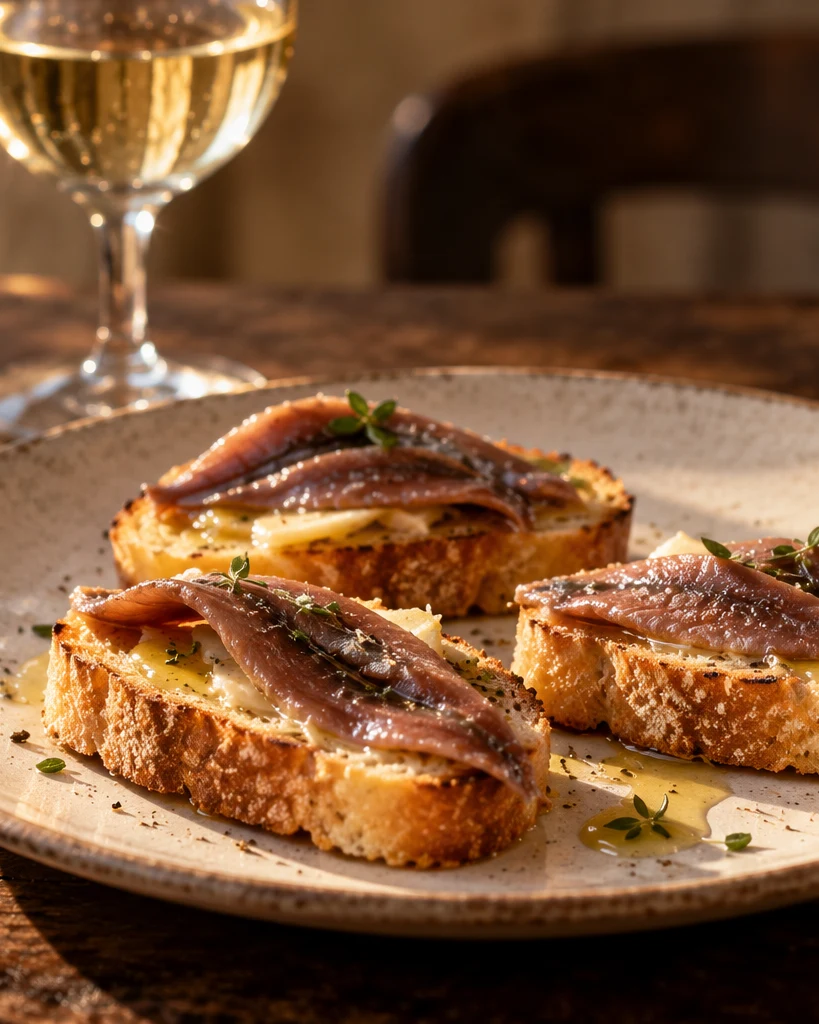 Butter and anchovy crostini with white wine