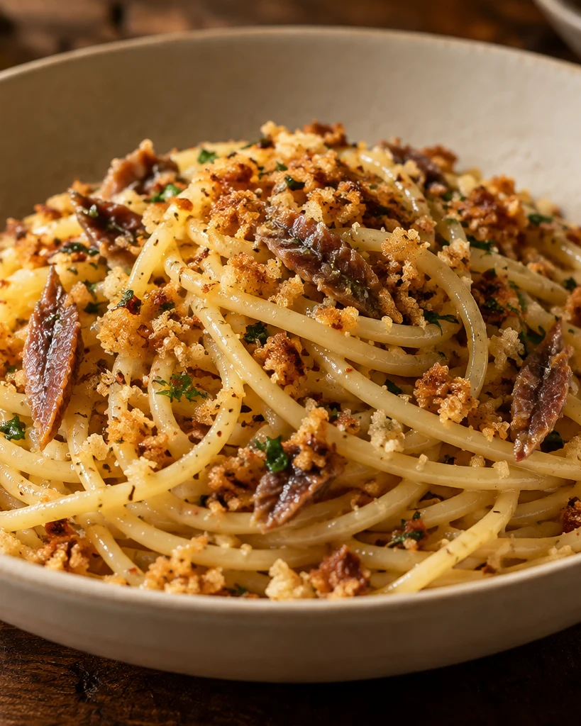 Spaghetti with anchovies and toasted breadcrumbs