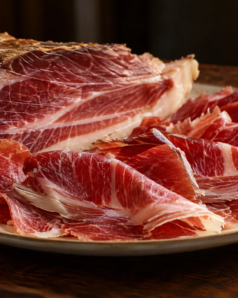 Dettaglio della consistenza del prosciutto iberico stagionato