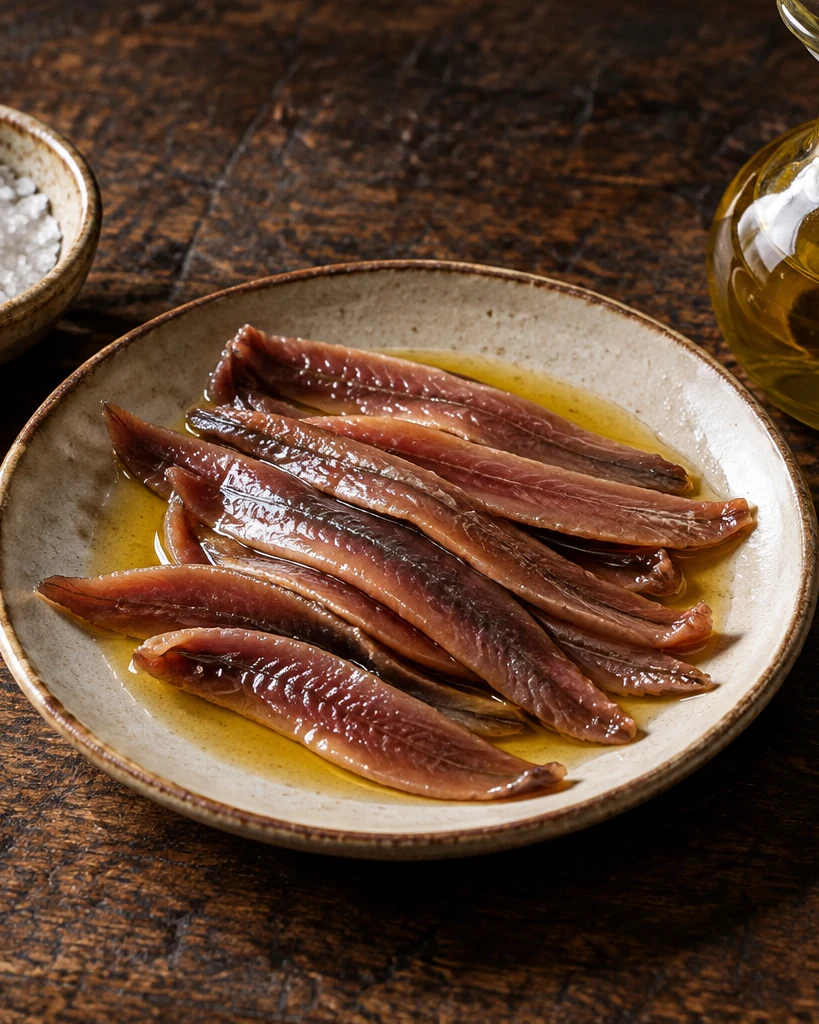 Filetti di acciughe con olio di oliva e sale