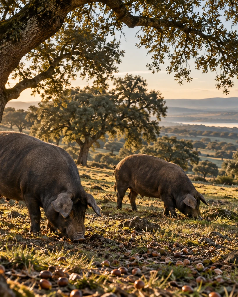 Suini iberici al pascolo tra le querce della dehesa