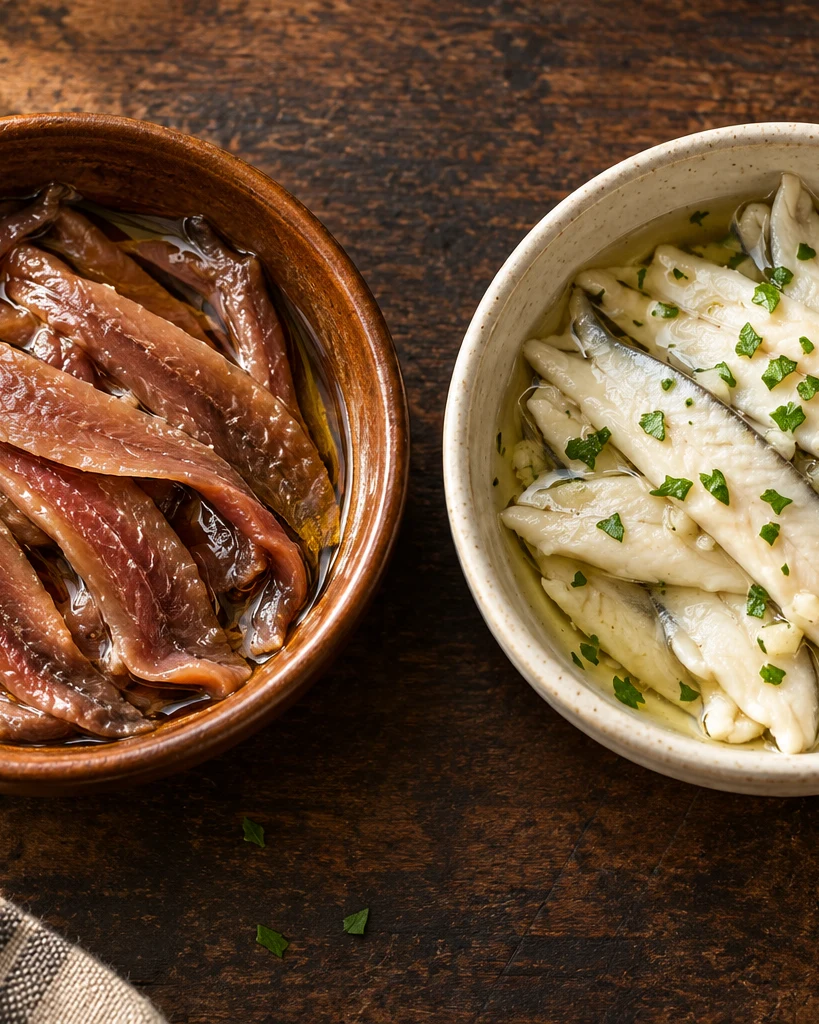 Anchovy fillets in oil alongside marinated boquerones