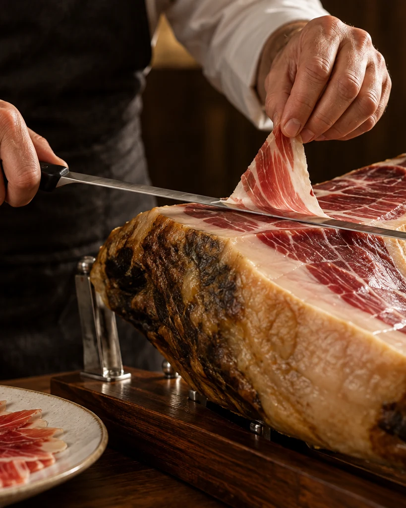 Taglio a coltello di un prosciutto iberico sul jamonero